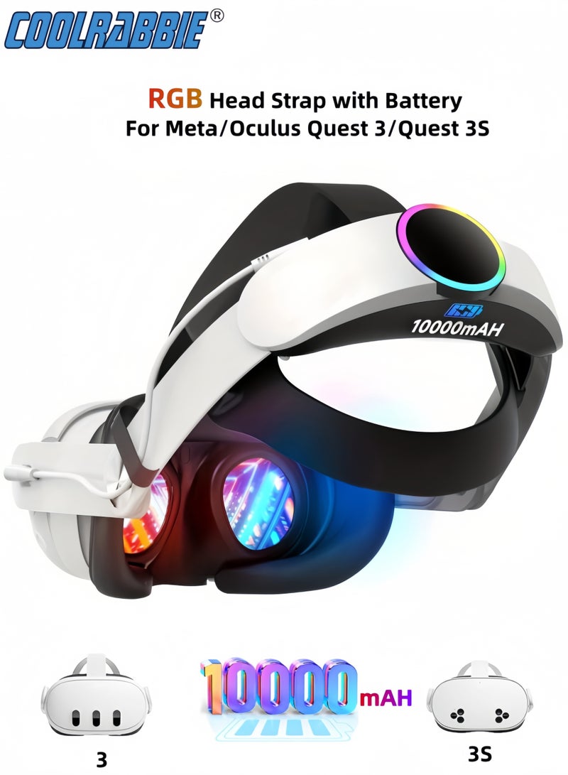 كول رابي حزام رأس مزود بإضاءة RGB وبطارية لأجهزة Meta/Oculus Quest 3/Quest 3S، بطارية بسعة 10000 مللي أمبير توفر 8 ساعات من اللعب المتواصل، شحن سريع، ملحقات بديلة قابلة للتعديل، دعم وتوازن محسّنان في الواقع الافتراضي - Image 1
